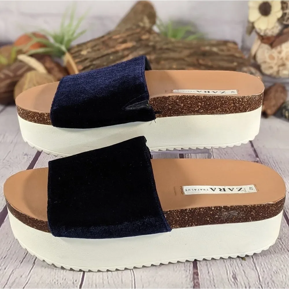 Zara Trafaluc Blue Velvet Platform Slides Sandals